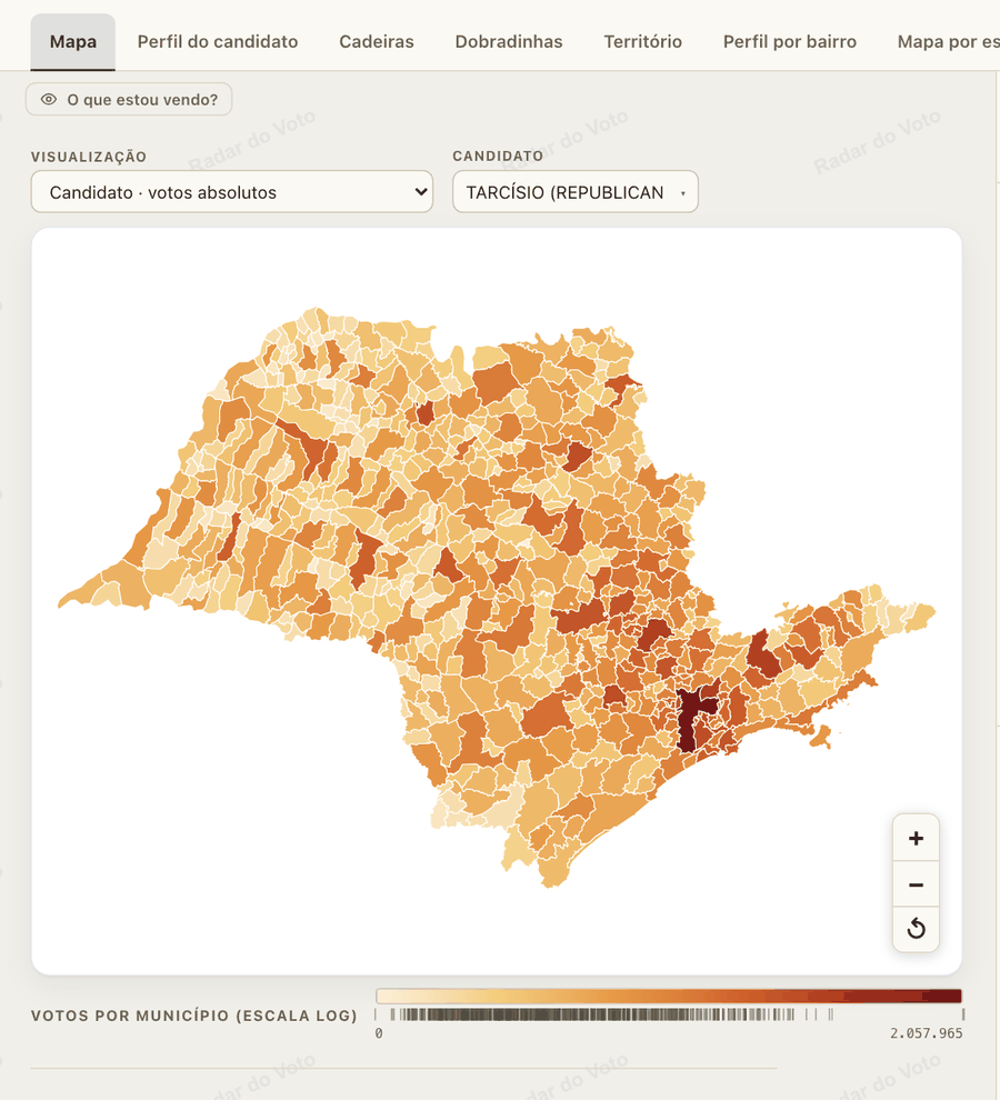 Votos absolutos: quanto mais escura a cidade, mais votos o candidato teve ali.