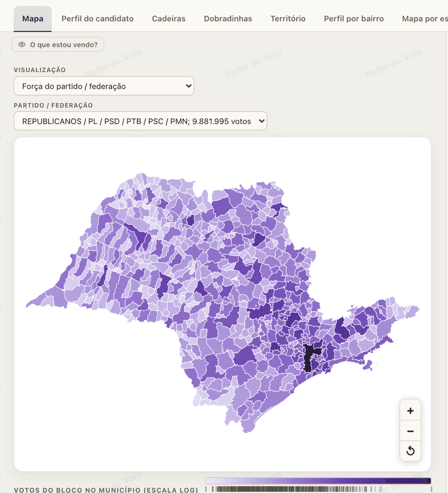 Força do partido ou federação: os votos somados do partido, da federação ou da coligação em cada cidade.