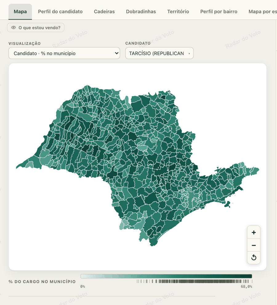 Percentual no município: a fatia dos votos do cargo que o candidato teve em cada cidade.