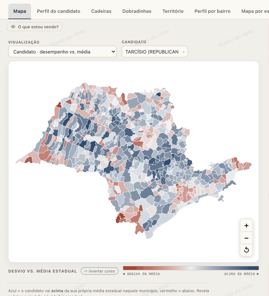 Desempenho vs. média: em azul, as cidades onde o candidato foi acima da própria média no estado; em vermelho, abaixo.