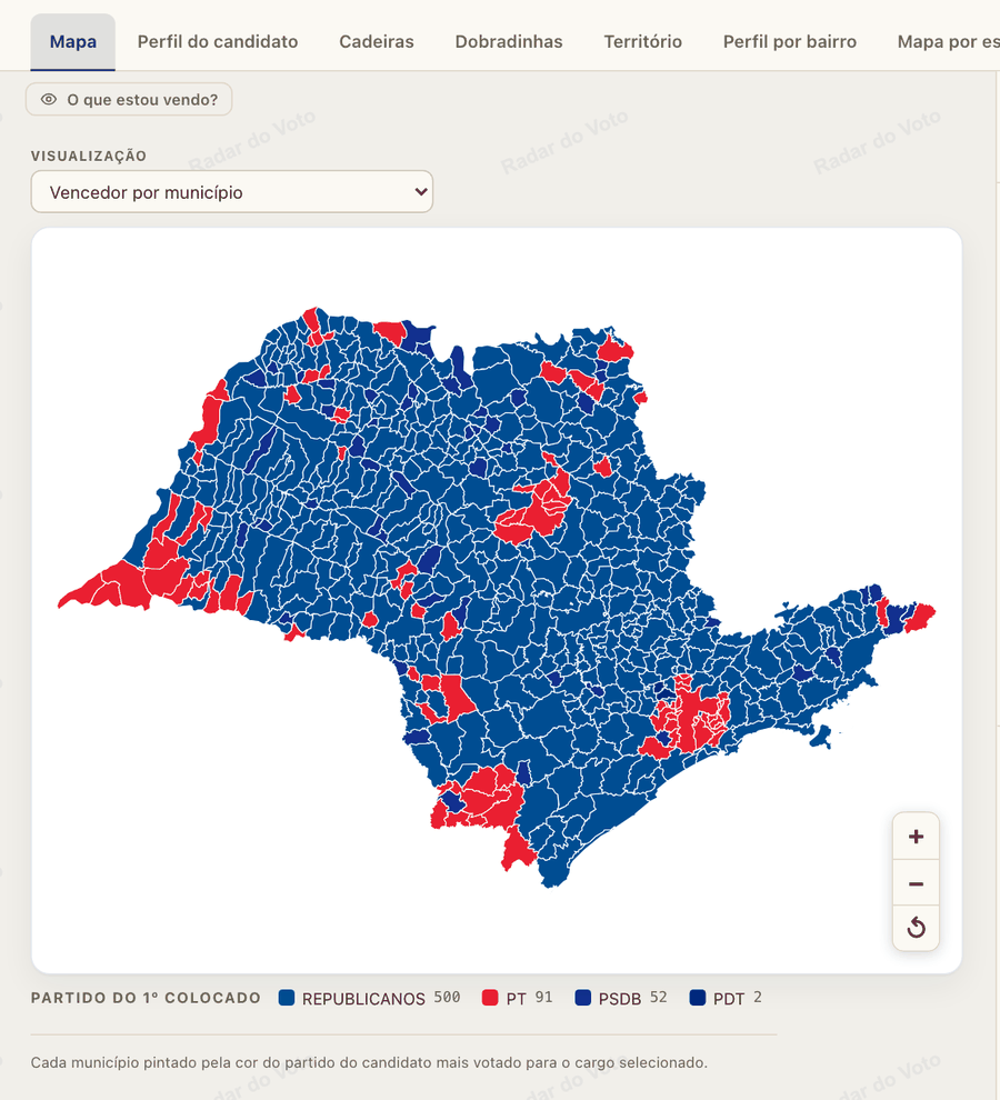 Vencedor por município: cada cidade com a cor do partido do candidato mais votado.