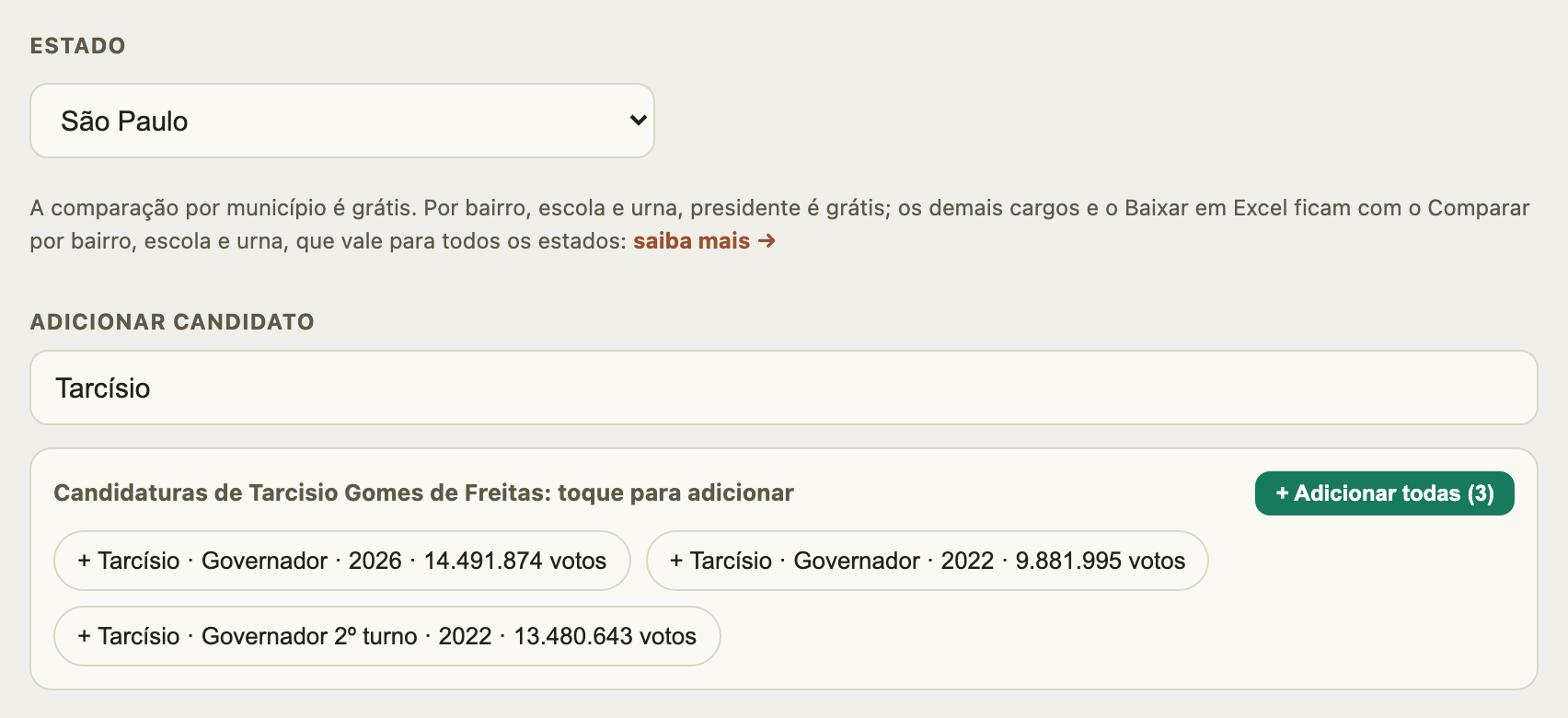 O estado escolhido, o nome digitado e as candidaturas da pessoa, com a de 2026 em primeiro. É só tocar para adicionar.